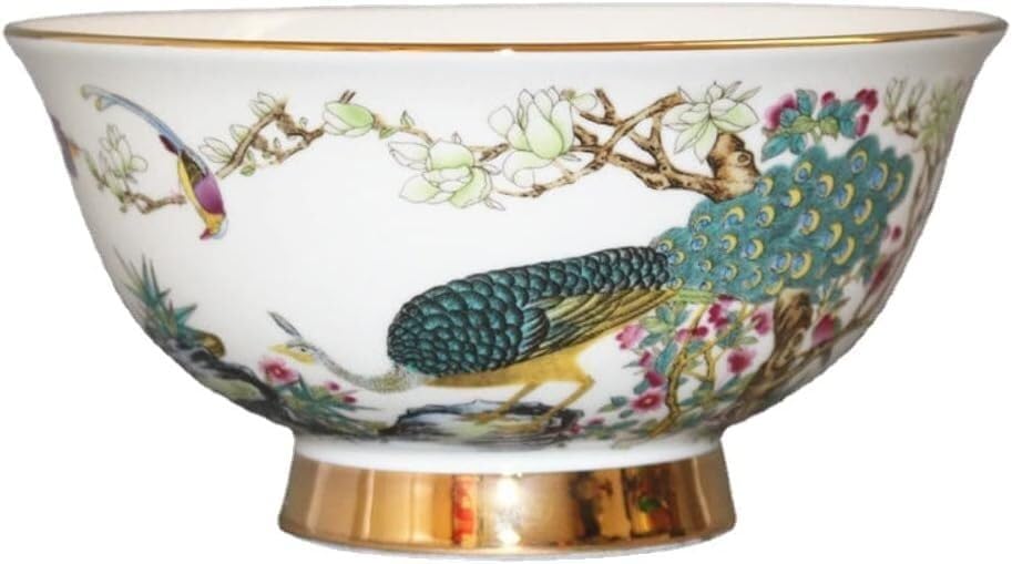 Cuenco de porcelana antiguo, cuencos cerámica, cuenco arroz palacio chino, calibre pavo real Pastel dorado calco 15,5 cm y 6,1 pulgadas