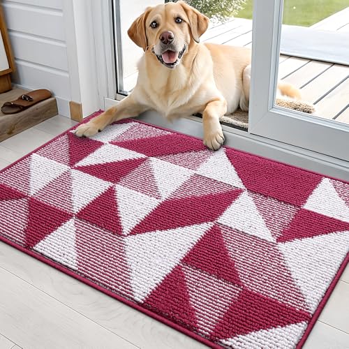 Image of OLANLY Door Mat Indoor Entrance Washable 36x24, Odor-Free Low-Profile Front Back Geometric Doormat, Absorbent Resist Dirt Entry Carpet, Easy to Clean Sturdy Inside Floor Mats for Entryway, Burgundy