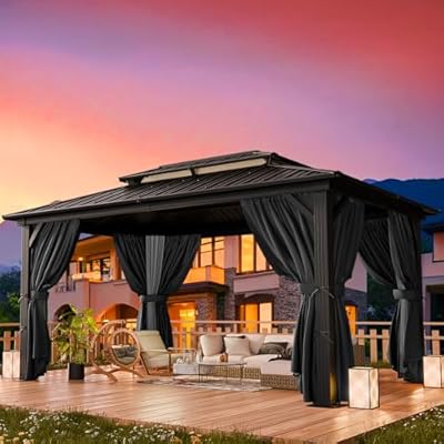HOTEEL 10x12 Hardtop Gazebo with Heavy Duty Galvanized Steel Double Roof, Aluminum Frame, Flame-Resistant Curtains and Netting, Outdoor Permanent Pavillon for Backyard, Black (2025 Upgraded)