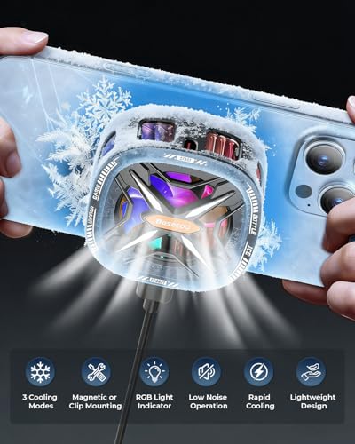 Image of Besecou Magnetic mobile Cooler for Gameing with 3 Cooling Modes, Rgb Phone Cooler, Seven fan blades, Advanced Tech Cooling Chip, Compatible for Android and Ios devices, Silent and Portable, USB Port