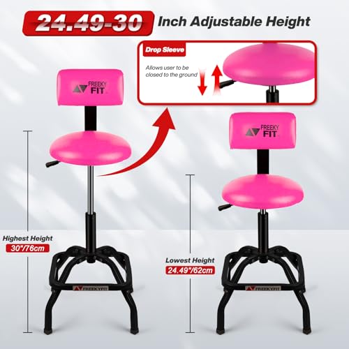 Image of Shop Stool with Backrest, Mechanic Garage Stool for Workshop, Adjustable Shop Stools Chair, Padded Workbench Stools for Men Women, 300 LBS Capacity, 360 Swivel PVC Seat, Heavy Duty, Pink