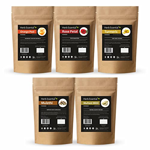 Image of Herb Essential Orange Peel,Multani Mitti,Yastimadhu,Rose Petal & Turmeric Powder, 50g each (Pack of 5)