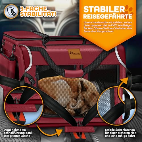 TRESKO® Hundebox faltbar inkl. Leckmatte, Spatel & Reflektoren M 61x42x42cm | Transportbox für Hunde und Katzen | Hundetransportbox Auto für kleine & große Hunde | Hundetasche robust Rot