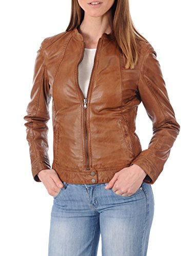 D DOLLY LAMB Women's Lambskin Leather Moto Biker Jacket - Winter Wear - Round Neck Collar Tan Antic - X-Small