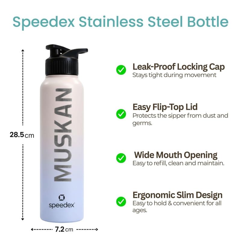Image of Speedex Customised Stainless Steel Water Bottle 1 Ltr with Name - Personalised Engraved Sipper Cap Bottle for Kids, Men & Women, School, Gym, Office Pink Blue, Set of 1