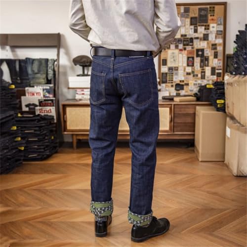 Men’S Casual Slim Fit Natural Indigo Selvedge Denim Pants Button Fly Midweight Cuffed Full Length Daily Wear3