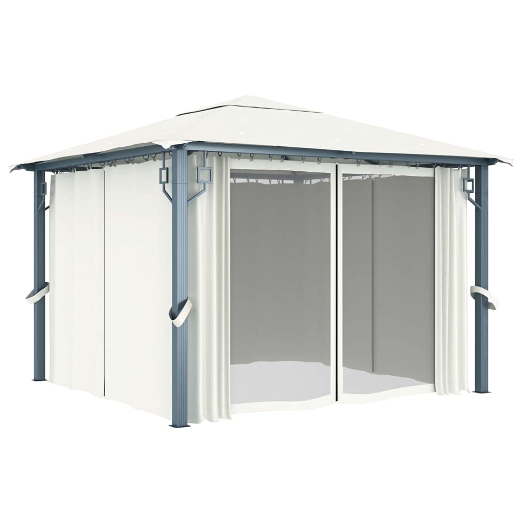 Pavillon 300x300 cm inklusive Seitenteilen und Solar-Lichterkette, robuster Gartenpavillon mit Stahl-Aluminium-Rahmen, Gartenlaube mit Vorhängen, Creme