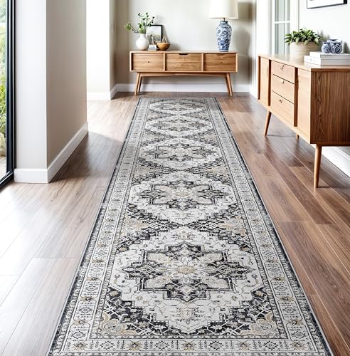 Madane Hallway Runner Rug 2'6''x14' Kitchen Runner, Non Slip Vintage Runners for Hallways Washable Kitchen Rugs Soft Low Pile 2.5x14 ft Rug Runner for Laundry Room, Entryway and Bedroom, Black