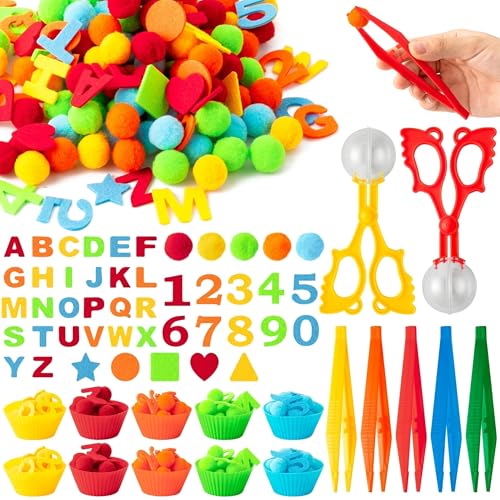 EZdhuawuse Letters Numbers Sensory Bin Fillers - 240Pcs Summer Alphanumeric Fine Motor Skills Toys Color Counting Sorting Set for Kids, Felt Letter Pom Poms Cup Clip for Preschool Education Activities