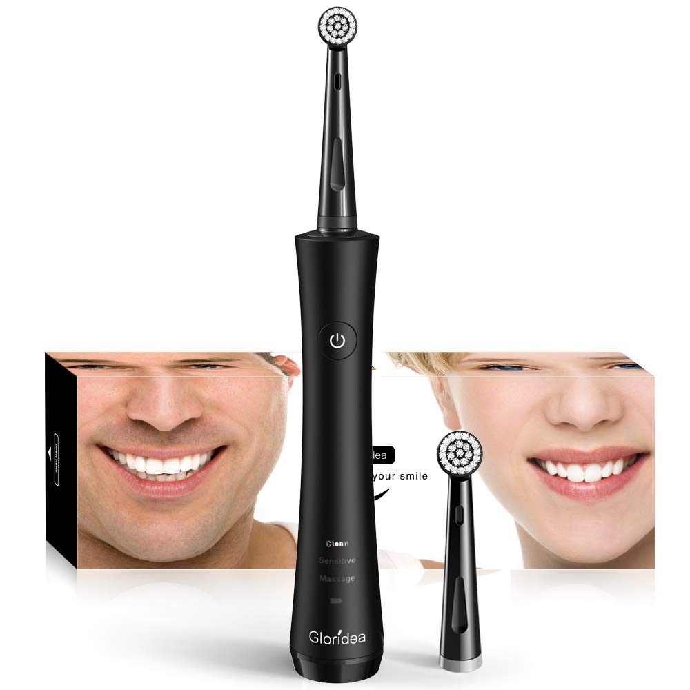 Rotary Electric Toothbrush for Adults, Rechargeable Toothbrush Teeth Whitening and Strong Battery Endurance, Powered Spin Toothbrush with 2 Round Heads, 3 Modes USB Toothbrushes in Black by Gloridea