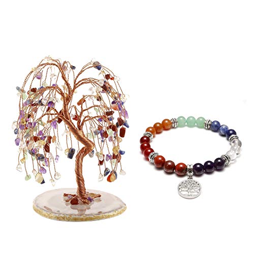 Jovivi Bundle - 2 Items 7 Chakra Healing Crystals Quartz Tree Tumbled Gemstone Stones Money Tree + 7 Chakras Yoga Meditation Healing Balancing Round Stone Beads Stretch Bracelet