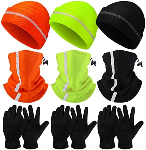 Eurzom 9 Pcs Reflective Beanie Hat Scarf Glove High Visibility Safety Beanie Hat Winter Reflective Neck Gaiter Beanie Gloves(Fluorescent Yellow and Green, Orange)