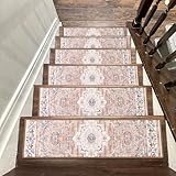 Ileading Boho Carpet Stair Treads for Wooden Steps 4 Pack 30" X 8" Non Slip Edging Indoor Stair Rug Runner Self Adhesive Stairway Grip Carpet Soft Step Treads Rug for Dogs Kids, Light Orange