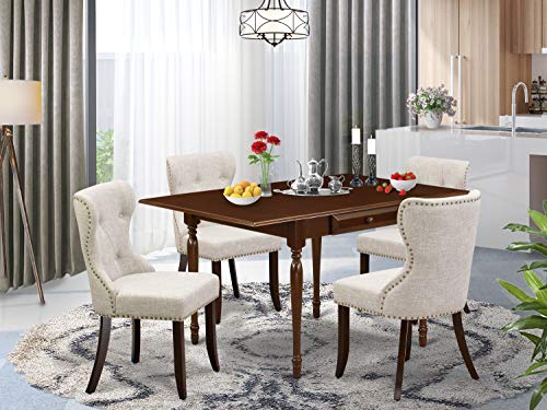 East West Furniture MZSI5-MAH-35 MZSI5-MAH-35-A Set of 4 Amazing Kitchen Chairs with Linen Fabric Doeskin Color and a Lovely Wooden Dining Table with Mahogany Finish, Regular