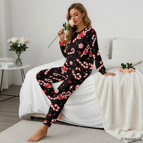 Image of Womens Lounge Set Long Sleeve Soft Pajama Sets | Casual 2 Piece Pj Outfit, Crewneck Sleepwear with Pockets, Adjustable Drawstring, Soft Comfy Fall Pajamas, Plus Size