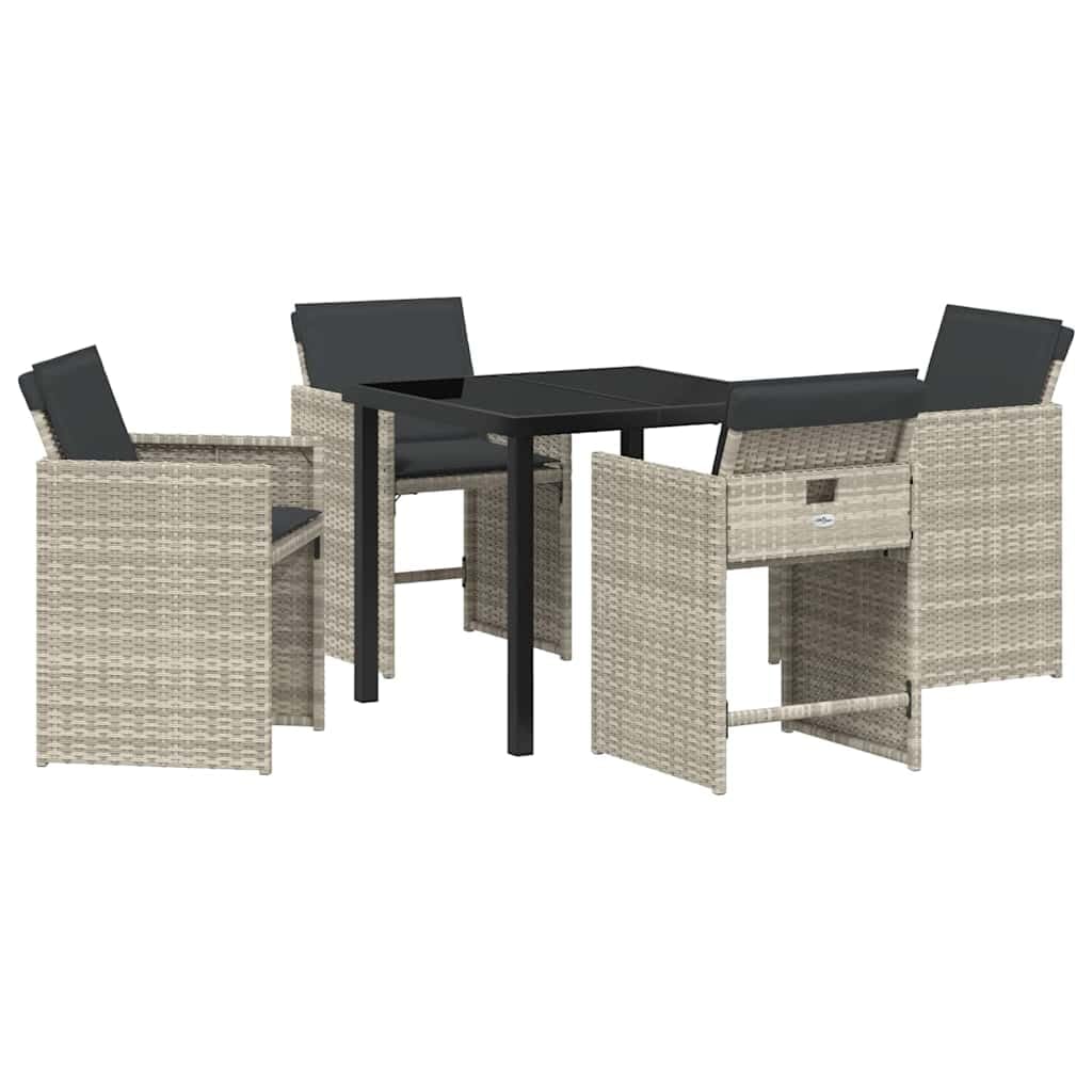 Salon de jardin 5 pièces en polyrotin gris clair avec table en verre et fauteuils en acier