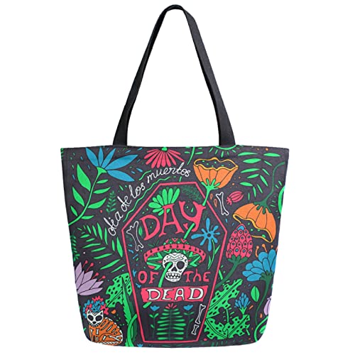 Day Of The Dead Sugar Skull Cat Flowers Extra Large Canvas Shoulder Tote Storage Top Handle Bag for School Gym Weekender Beach T