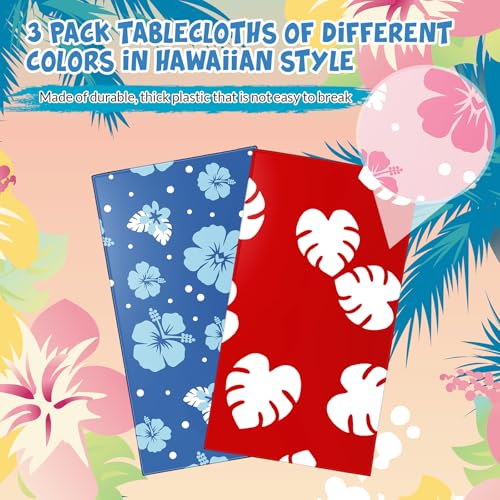 Image of Oudain 2 Sheets Hawaii Hibiscus and Tropical Leaves Tablecloth Birthday Party Decorations Blue Alien Cartoon Table Covers for Birthday Party Supplies
