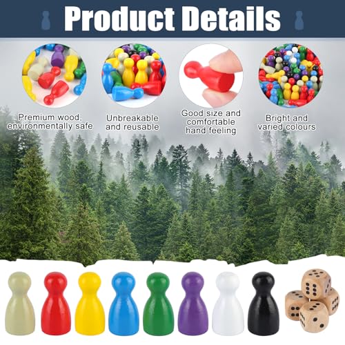 GHVACZS 80 Stück Spielfiguren für Brettspiele und 4 Stück Würfel aus Holz, 25 x 12mm Spielfiguren Holz, Halmakegel, Bunte Spielfigure für Flugschach, Dame, Brettspiele