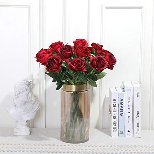 Image of Tifuly Artificial Roses 40cm Single Long Stem Rayon Bridal Bouquet Realistic Flower for Home Garden Party Hotel Office Decoration (Flowering Roses Burgundy)
