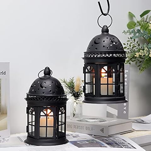 JHY Design Hängend Nacht Laternen, 21cm Hoch 2er Set Metall Kerzenhalter Vintage Glass Gartenlaterne für Hochzeit Outdoor Wohnzimmer Garten Balkon Innen Schlafzimmer Valentinstag Draußen Cover