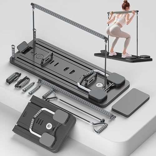 Foldable Pilates Reformer with Resistance Bands & Timer - Home Pilates Machine with Handles, Knee Pad & Compact Design, Professional Pilates Equipment for Women (Black)