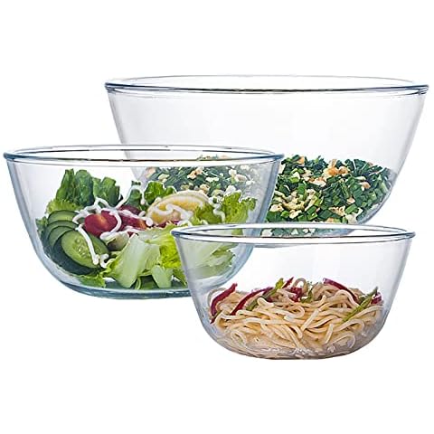 Glas-Rührschüssel-Set, 3-teilig, für Küche, Backen, Vorbereiten, Servieren, Kochen. 1.1 l, 2.85 l, 4.7 l, große mittelgroße Salatschüssel-Set mit Deckel, ungiftig Cover