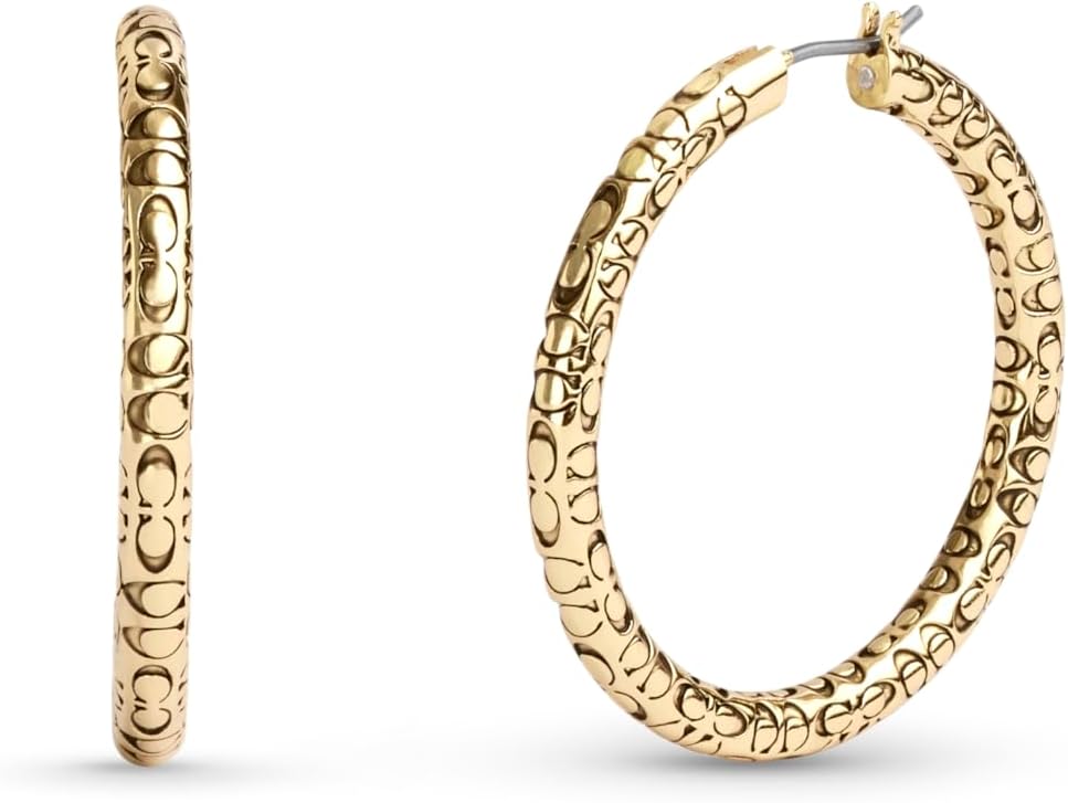 COACH, Women's, Signature Quilted Hoop Earrings, Crystal/Gold, One Size
