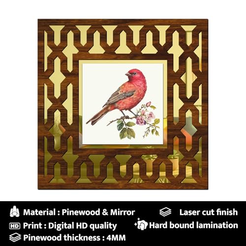 Image of Wooden Bird Painting Mirror Wall Decor Panel for Home Decor Living Room Bed Room Office (AD4, 12X12 Inches, Set of 2)
