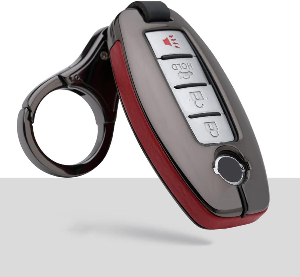 SANRILY 1Pcs Leather Key Fob Cover for Nissan Altima Armada Maxima Murano Pathfinder Rogue, for Infiniti JX35 Q50 Q60 QX56 QX60 QX80 Keyless 3/4/5 Button Smart Key Case with Keychain Black-Red