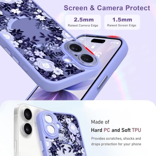 Image of Magnetic for iPhone 17 Case for Women Girls, Purple Floral | Cute Flower Pattern Design [Compatible with MagSafe] [Full Camera Protection] Slim Shockproof Translucent Matte Cover