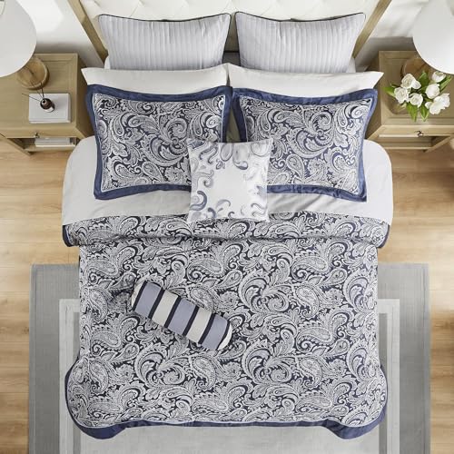 Image of Madison Park Aubrey Cozy Comforter Set, Faux Silk Jacquard Paisley Design - All Season Down Alternative Bedding with Cotton Bed Sheets, Bed Skirt & Toss Pillows, California King Navy 12 Piece