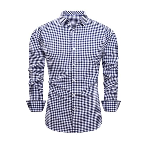 Men's Button Down Gingham Shirts Long Sleeve Dress Shirt Business Casual Cotton Collared Plaid Tops with Pocket
