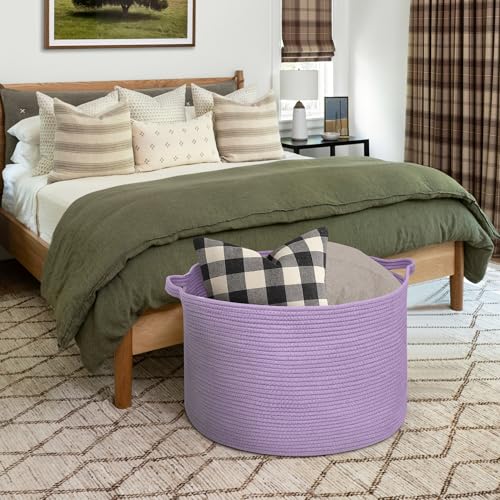 Image of MEGASKET 115L Extra Large Purple Storage Basket, 23.6 inch X 15.7 inch Jumbo Woven Cotton Rope Bin for Throw Blankets Pillows, Baby Laundry Basket, Dirty Clothes Organizer, Big Storage Box for Toys, Towels