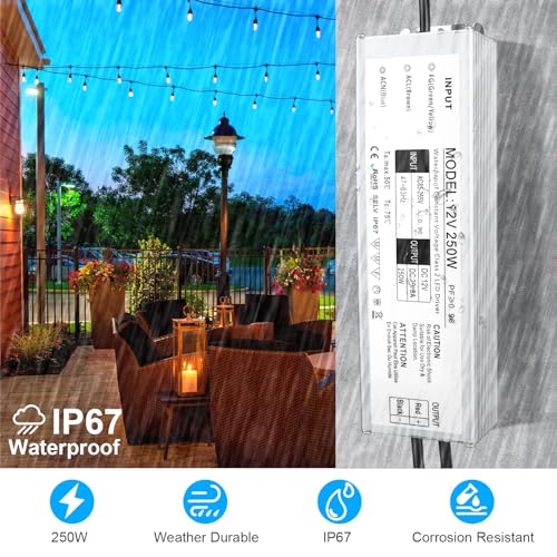 Image of LightingWill LED Driver 250 Watts Waterproof IP67 Power Supply Transformer, 90-265V AC to 12V DC Low Voltage Output, Adapter with 3-Prong Plug 3.3 Feet Cable for Outdoor Use, Computer Project