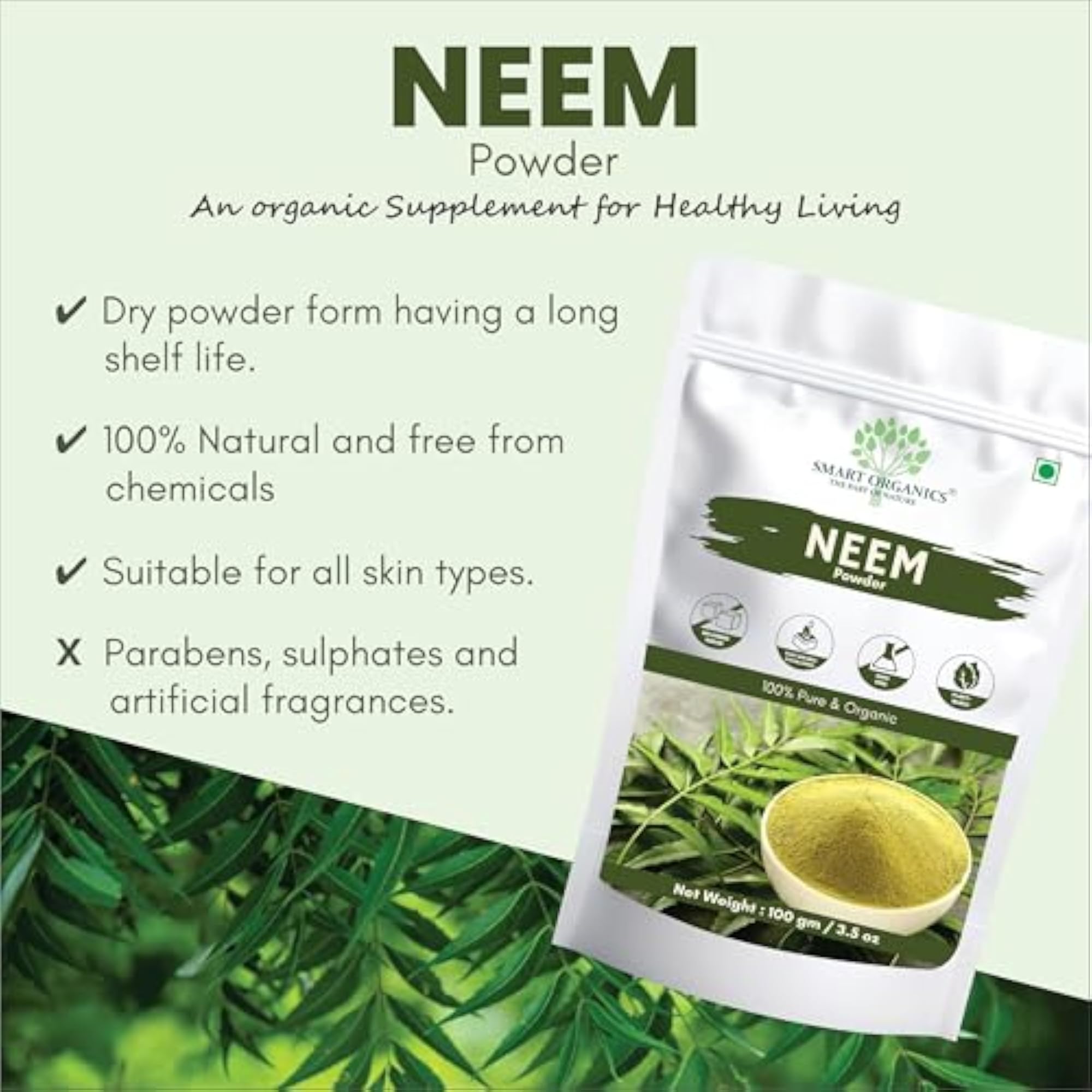 Smart Organics 100% Pure Neem Powder 100g, Herbal Supplement