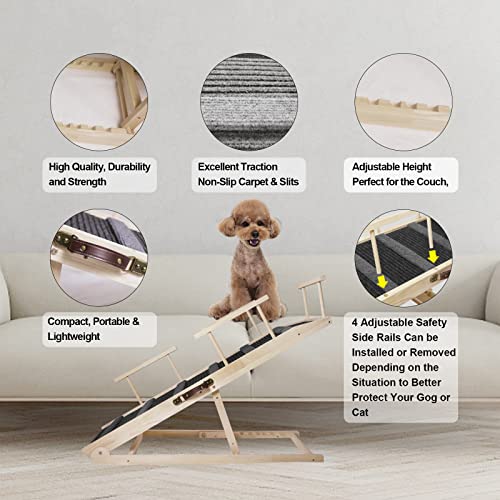 48" Pet Ramp For Large Small Dogs Cats, 6 Level Adjustable Folding Pet Paw Car Wooden Ramps With 4 Safety Side Rails For Couch,High Bed,Suv, Dog Stairs Adjustable Height From 16”To 26 Up To 200Lbs　 #TOP3