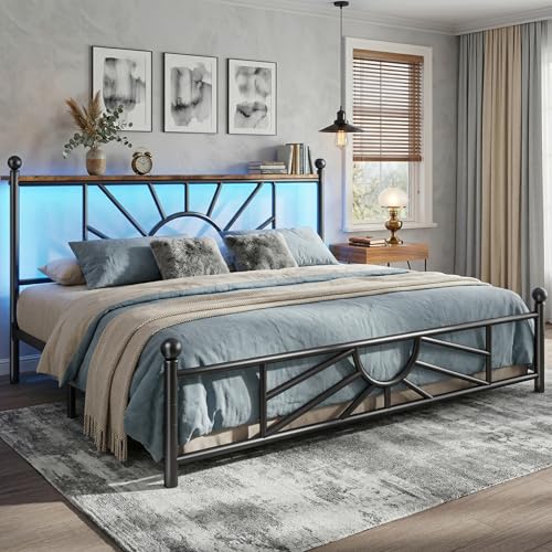 Homkdom King Size Metal Platform Bed Frame with Classic Iron-Art Headboard & LED Light, Mattress Foundation with Under Bed Storage/No Box Spring Needed/Noise-Free/Easy Assembly, Black
