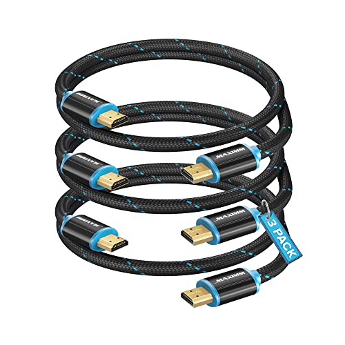 Image of Maximm HDMI Cable 4K 12 Ft, 3-Pack, Braided, 18 Gbps, Gold-Plated | 18 Gbps bandwidth supports 4K at 60Hz, HDR, Dolby Vision, and Audio Return Channel