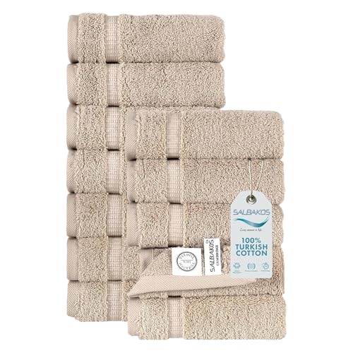 SALBAKOS - Premium Washcloths 12 Pack Set, 100% Turkish Cotton, Highly Absorbent & Quick Dry, Face Towels Wash Cloths for Hotel, Spa & Gym | 13