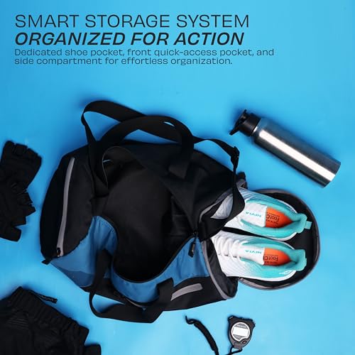 Image of Nivia Fuse Gym Duffle Bag for Men and Women, 25L Lightweight Training and Travel Bag with Shoe Compartment, Quick Access Pockets, and Adjustable Strap, Designed for Athletes, Travel (Black /Blue)