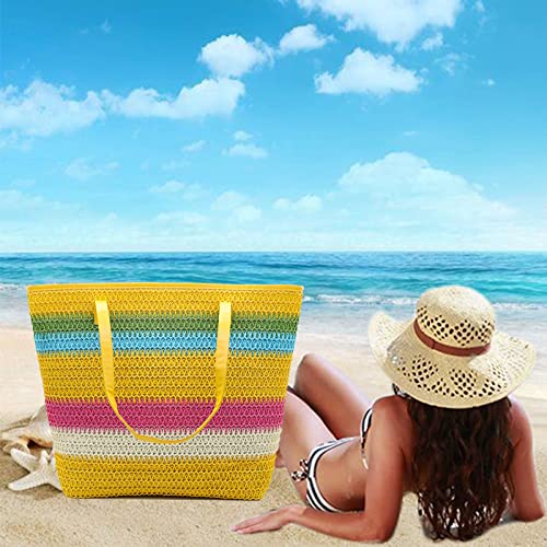We We Large Woven Straw Tote Bag for Women Boho Beach Bags Colorful Stripe and Stitchwork Straw Tote Beach bag with zipper2