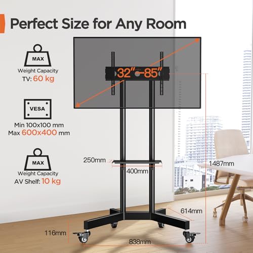 Perlegear TV Stand on Wheels for 32-85 Inch Screens up to 60kg, Height Adjustable Rolling TV Cart for LCD OLED 4K Flat/Curved Panels, Moblie Portable TV Stand with Lockable Wheels, Max VESA 600x400 - Image 4