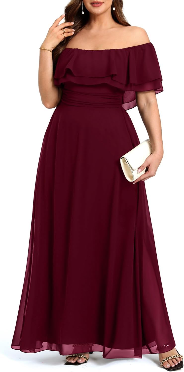 Pinup Fashion Women's Bridesmaid Dresses for Wedding Plus Size Formal Off The Shoulder Chiffon Maxi Dresses