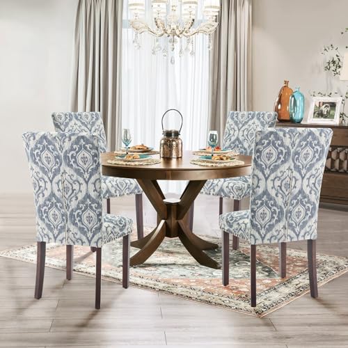 Image of Parsons Dining Chairs Set of 4, Upholstered Nailhead Dining Room Kitchen Side Chair with Thick Cushions and Wood Legs, White /Blue
