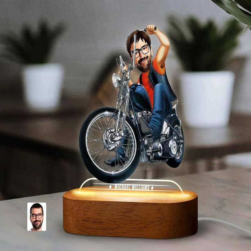 Image of THE GRANDEUR Personalized Caricature Gift for Men, Custom Bike Rider Cartoon LED Light with Wooden Stand - Acrylic Figurine, Unique Gift for Men & Him (15 x 6 cm)
