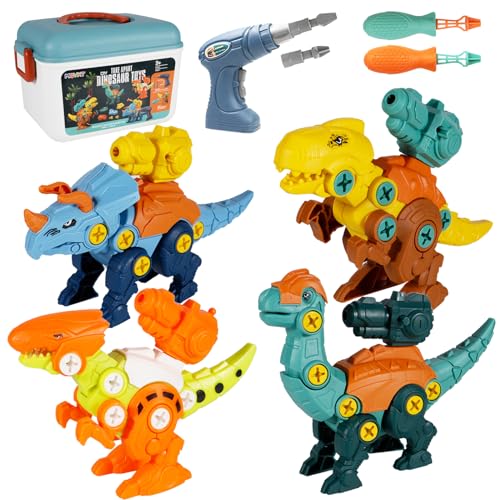 MQVXT Desmonta Dinosaurios Juguetes,Dinosaurios Juguetes Educativo 4PCS Construcción Juguetes de Montaje de Dinosaurios con Destornillador y Taladro Eléctrico,Regalo Cumpleaños para Niños y Niñas