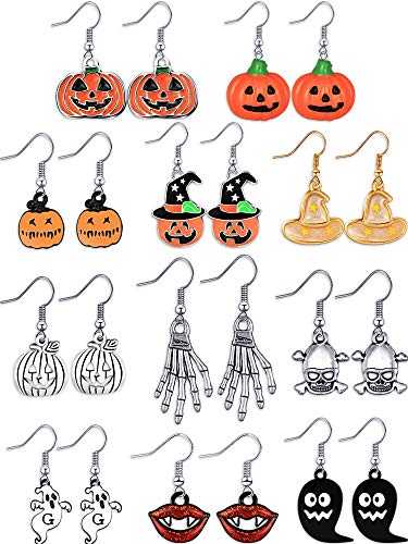 12 Pairs Halloween Theme Earrings Drop Dangle Earrings Halloween Pumpkin Ghost Skeleton Dangle Earring for Women Halloween Decoration
