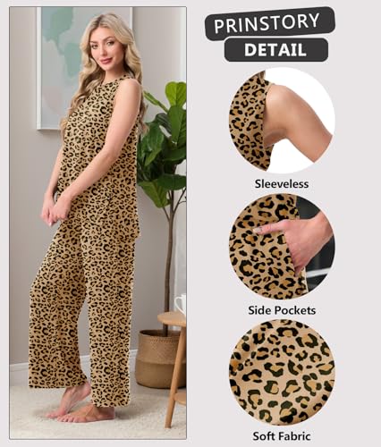 Image of PrinStory Womens Pajamas Sets 2 Piece Soft Pjs for Women Sleeveless Pajama Set Summer Loungewear with Pockets