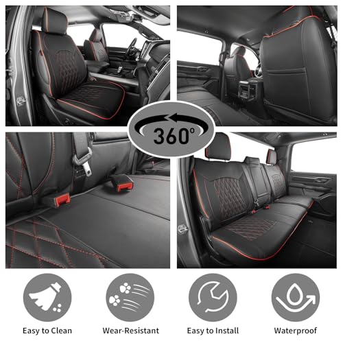 EKR Ram 1500 Seat Covers Custom Fit for (Crew Cab) RAM 1500 Big Horn/Rebel/Tradesman/Lone Star 2019-2026,Waterproof Leather Car Seat Cover for Trucks Full Set-Faux Leather (Black with Red Piping) by EKR - Used condition - Image 6